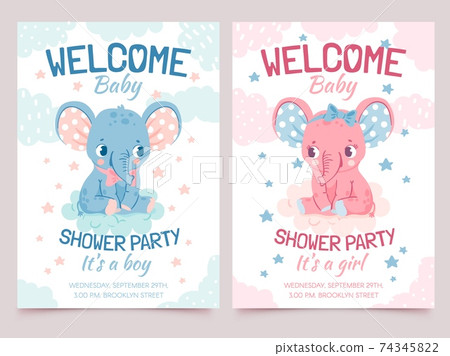 Baby shower elephant. Invitation card for newborn boy and girl party with elephants on cloud. Welcome kid banner with cute animal vector set 74345822