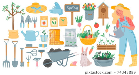 Gardening tools. Spring garden equipment - hoe, fork, shovel and rake, wheelbarrow and seeds. Woman watering plants. Horticulture vector set Gardening tools. Spring garden equipment - hoe, fork, shovel and rake, wheelbarrow and seeds. Woman watering plants. Horticulture vector set 74345889