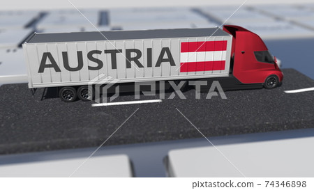 Truck with flag of Austria moves on the keyboard key. Export or import related 3d rendering Truck with flag of Austria moves on the keyboard key. Export or import related 3d rendering 74346898