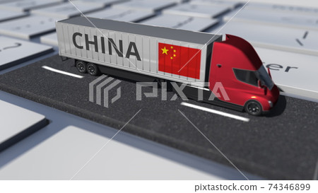Flag of China on moving truck and computer keyboard. International shipping related 3d rendering Flag of China on moving truck and computer keyboard. International shipping related 3d rendering 74346899