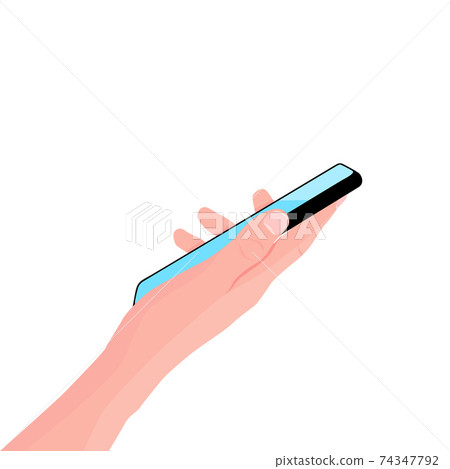 Mobile phone in the hand. Woman holds black smartphone. Finger touching screen. Online education, learning on mobile. Copy space for your text. Vector illustration, white background. Mobile phone in the hand. Woman holds black smartphone. Finger touching screen. Online education, learning on mobile. Copy space for your text. Vector illustration, white background. 74347792