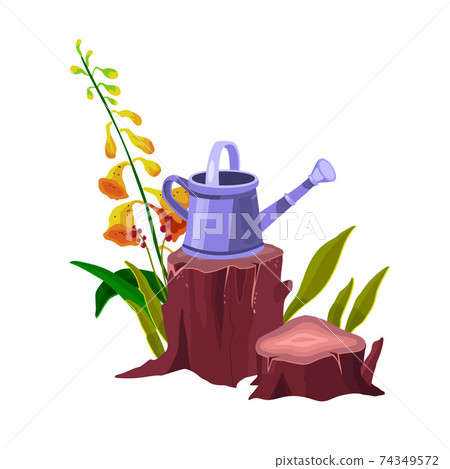 Tree stump vector isolated cartoon icon with bell plant, watering can, trunk, green leaves, roots 74349572