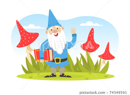 Cute Gnome Holding Book, Funny Fairy Tale Dwarf Waving his Hand on Background of Fly Agarics Vector Illustration Cute Gnome Holding Book, Funny Fairy Tale Dwarf Waving his Hand on Background of Fly Agarics Vector Illustration 74349591