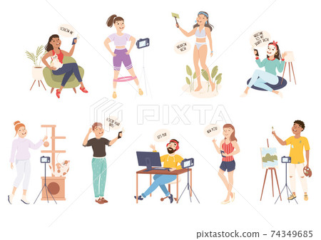Bloggers Recording Video Using Camera for Online Video Channels Set, Blogging, Social Media Networking Concept Cartoon Style Vector Illustration 74349685