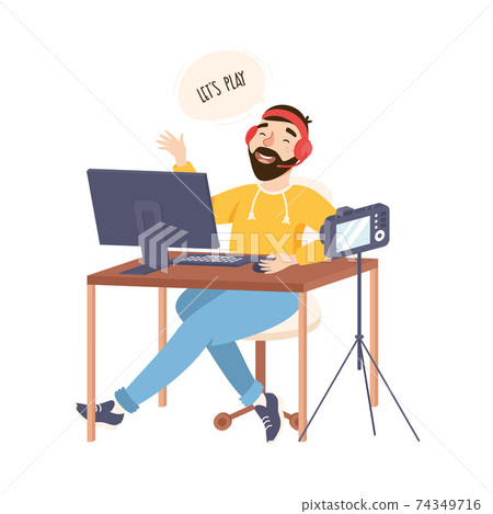 Professional Gamer Recording Video Using Camera for His Online Video Channel, Blogging, Social Media Networking Concept Cartoon Style Vector Illustration 74349716