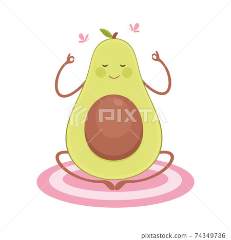 Cute Avocado Meditating in Lotus Position, Funny Fruit Character Doing Sports, Healthy Eating and Lifestyle, Fitness Concept Cartoon Style Vector Illustration 74349786