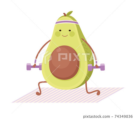 Cute Avocado Exercising with Dumbbells, Funny Fruit Character Doing Sports, Healthy Eating and Lifestyle, Fitness Concept Cartoon Style Vector Illustration 74349836