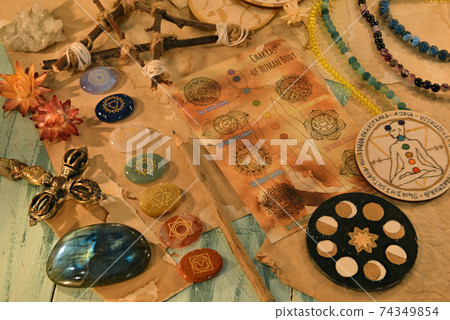 Still life with chakras of human body concept, crystals and magic ritual objects. Esoteric, gothic and occult background, Halloween mystic concept. 74349854