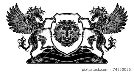 Crest Pegasus Horses Coat of Arms Lion Shield Seal Crest Pegasus Horses Coat of Arms Lion Shield Seal 74350036