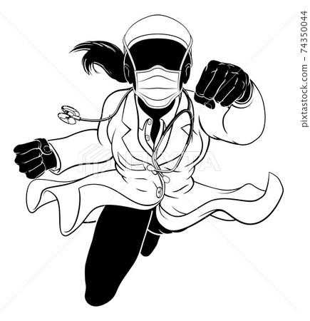 Doctor Woman Flying Super Hero PPE Mask Silhouette 74350044