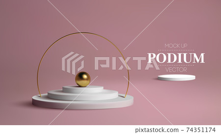 Podium with gold frame on pink background. 3d golden sphere vector. Award winner Platform studio 3d Vector stage. 74351174