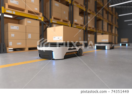 Autonomous Robot transportation in warehouses, Warehouse automation concept. 74351449