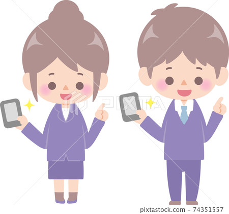 Male and female office workers who operate smartphones 74351557