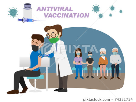 People vaccination concept for immune health. COVID-19. A doctor is vaccinating a man. And those waiting to receive the vaccine are receiving health care, prevention and immunity to coronavirus People vaccination concept for immune health. COVID-19. A doctor is vaccinating a man. And those waiting to receive the vaccine are receiving health care, prevention and immunity to coronavirus 74351734