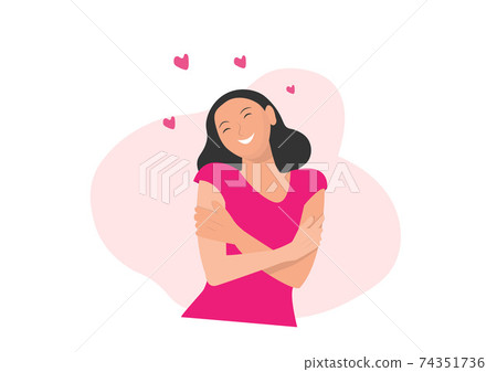 Love yourself. Take time for yourself. A woman hugging herself with a heart on a white background Lovely soft pastel pink shade. Love yourself. Take time for yourself. A woman hugging herself with a heart on a white background Lovely soft pastel pink shade. 74351736