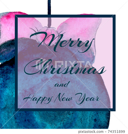 A square invitation to a party. Christmas ball. Text - Happy Christmas and New Year. Watercolor 74351899