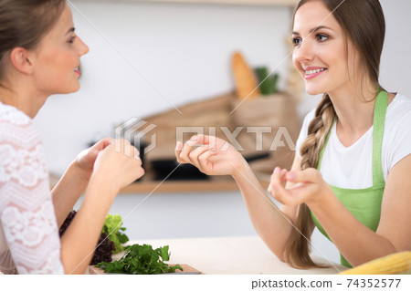 Two women are cooking fresh salad in a kitchen and having a pleasure talk. Friends and Chef Cook concept 74352577