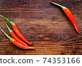 Chili Peppers on wood background 74353166