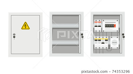 Electrical power switch panel with open and close door. Fuse box. Isolated vector illustration in flat style 74353296