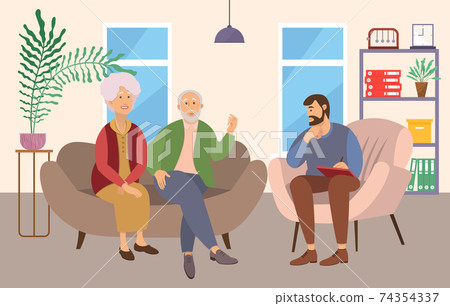Psychiatrist consultation. Worried elderly pensioner couple man and woman on psychologist session 74354337