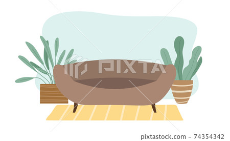 Brown sofa and potted plants in apartment design. Living room furniture, modern home interior 74354342