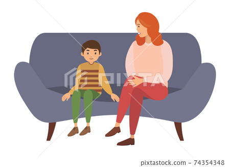 Mother and her son sitting on the couch communicating together isolated on white background Mother and her son sitting on the couch communicating together isolated on white background 74354348
