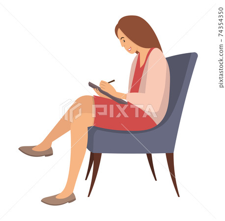 Adult woman is sitting on a chair and writing in notebook. Psychotherapist with notepad Adult woman is sitting on a chair and writing in notebook. Psychotherapist with notepad 74354350