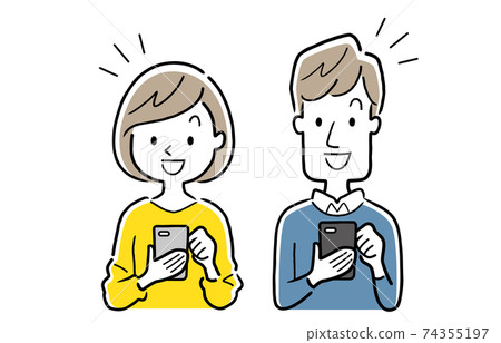 Vector illustration material: Young men and women using smartphones 74355197