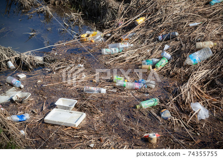Plastic waste such as PET bottles thrown away on the riverbank 74355755