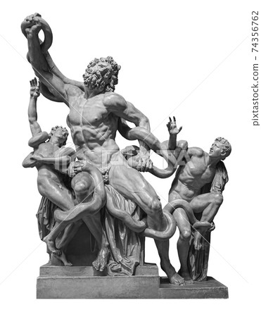 Front view of famous laocoon roman copy sculpture isolated on white background. Trojan Laocoon was strangled by sea snakes with his two sons 74356762