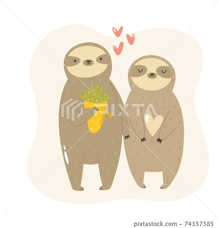 Funny illustration of two sloths in love. 74357385