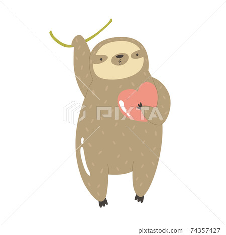 Funny sloth hanging on a tree with heart in the paws. Funny sloth hanging on a tree with heart in the paws. 74357427