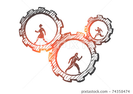 Hand drawn business people running in cogwheels 74358474