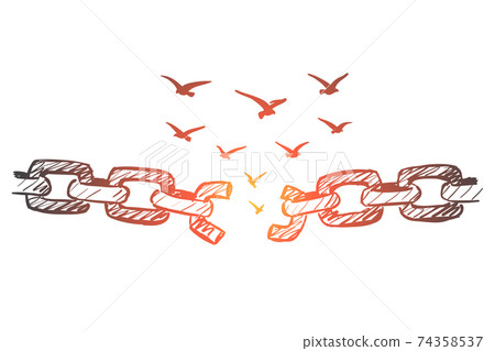 Hand drawn broken chain and flock of birds over it 74358537