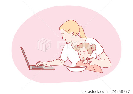 Work, multitasking, motherhood, mothers day concept Work, multitasking, motherhood, mothers day concept 74358757