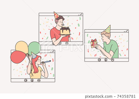Online party, birthday, virtual meeting with friends concept Online party, birthday, virtual meeting with friends concept 74358781