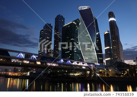 Business Centre "Moscow City" with a bridge at night, Russia Business Centre "Moscow City" with a bridge at night, Russia 74358839