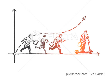 Hand drawn business man on skate going from people Hand drawn business man on skate going from people 74358948