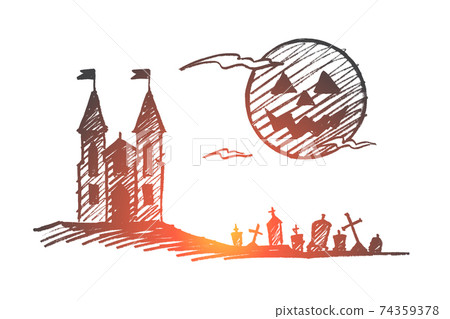 Hand drawn Halloween castle, cemetery, full moon Hand drawn Halloween castle, cemetery, full moon 74359378