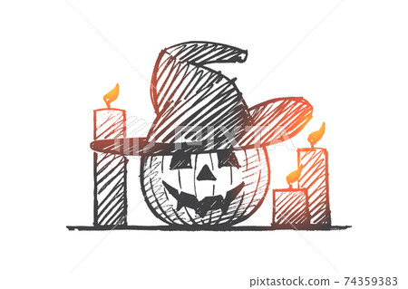 Hand drawn Halloween pumpkin face and candles 74359383