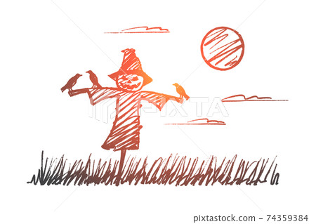 Hand drawn Halloween scarecrow with crows at night Hand drawn Halloween scarecrow with crows at night 74359384