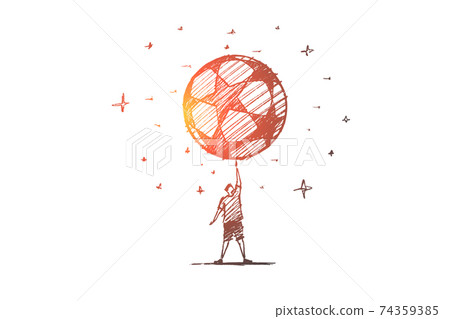 Hand drawn football player holding big ball above 74359385