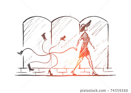 Hand drawn stylish woman with bunch of tied shoes 74359388