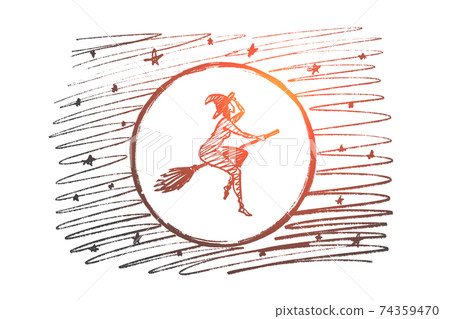 Hand drawn Halloween magic woman flying on broom Hand drawn Halloween magic woman flying on broom 74359470