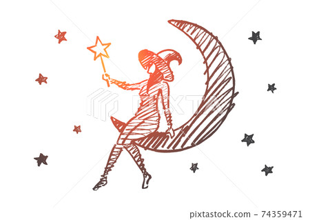 Hand drawn Halloween magic girl sitting on Moon Hand drawn Halloween magic girl sitting on Moon 74359471