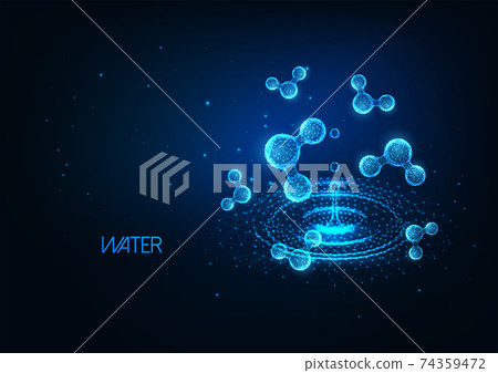 Futuristic cosmetology research banner concept with glowing low polygonal water molecules and puddle Futuristic cosmetology research banner concept with glowing low polygonal water molecules and puddle 74359472