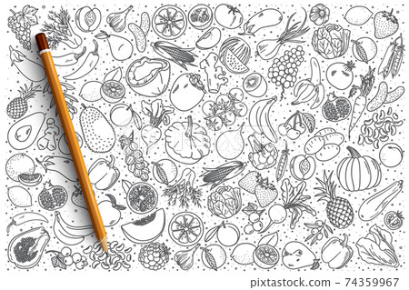 Hand drawn vegan food set with green lettering 74359967