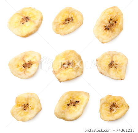 Banana chips set on a white isolated background 74361235