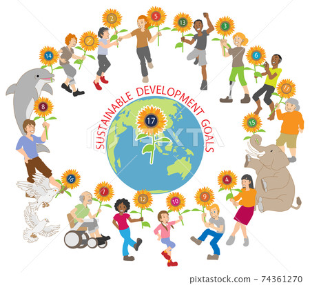 可持續發展目標17目標向日葵合作世界各地的人與動物 插圖素材 圖庫