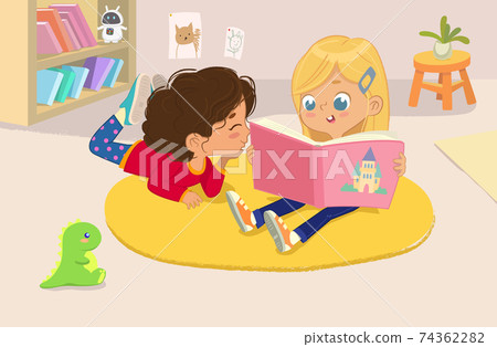 illustration of two girls reading the book in a book corner in the kindergarten illustration of two girls reading the book in a book corner in the kindergarten 74362282